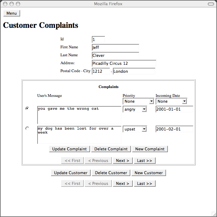 Managing customers and their complaints on a single page (customer_complaints.jsp)