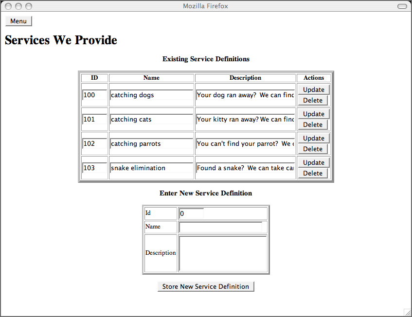 Managing services (services.jsp)